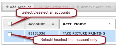 Select/Deselect all accounts checkbox and Select/Deselect an account checkbox