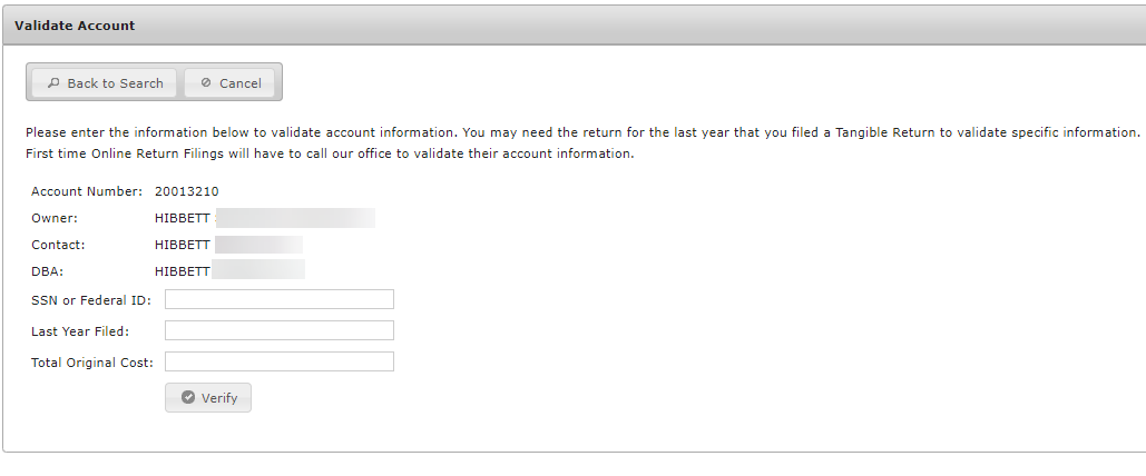 Example of the Validate Account window.