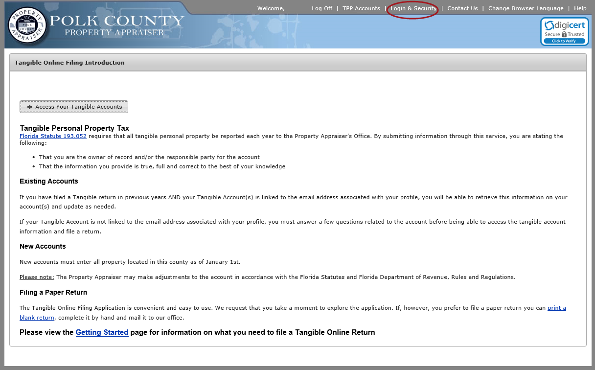 Tangible Online Filing Introduction page with the Login and Security menu option circled