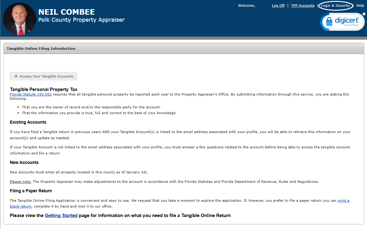 Tangible Online Filing Introduction page with the Login and Security menu option circled