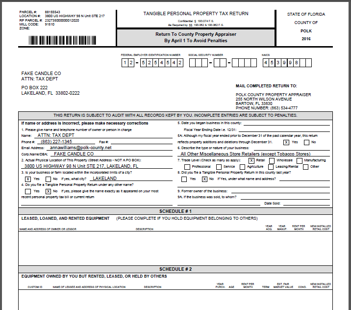 Tangible Personal Property Tax Return Report